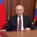 24日、軍事作戦の決行をテレビ演説で宣言するロシアのプーチン大統領（ロイター＝共同）　2022年2月24日　写真提供：共同通信社