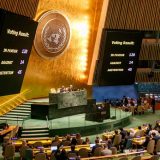 国連総会で行われたパレスチナ自治区ガザでの休戦に関する決議採択（アメリカ・ニューヨーク） 2023年10月27日　EPA=時事