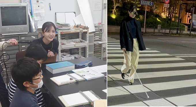 （左）筑波大学附属視覚特別支援学校取材（右）白杖体験