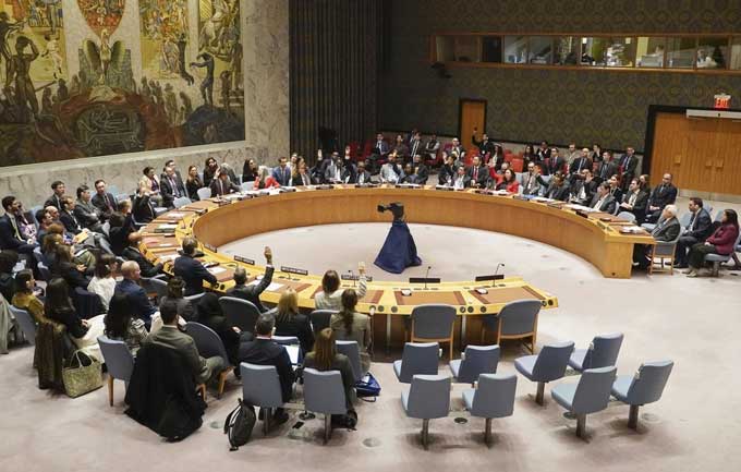 2023年12月8日、パレスチナ自治区ガザでの停戦を求める決議案を採決する国連安全保障理事会＝米ニューヨーク（共同）