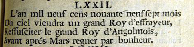 1720年トリノ版の『予言集』から。二行目に「恐怖の大王」と書かれている　　　PD