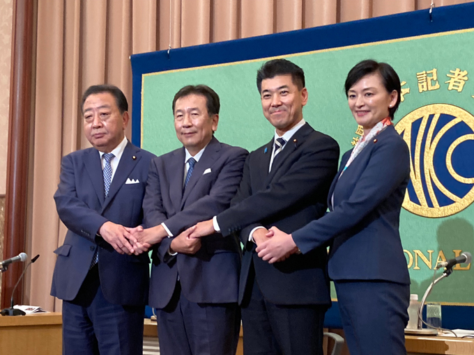 立憲民主党代表選4人の候補者（左から野田氏、枝野氏、泉氏、吉田氏　日本記者クラブで）