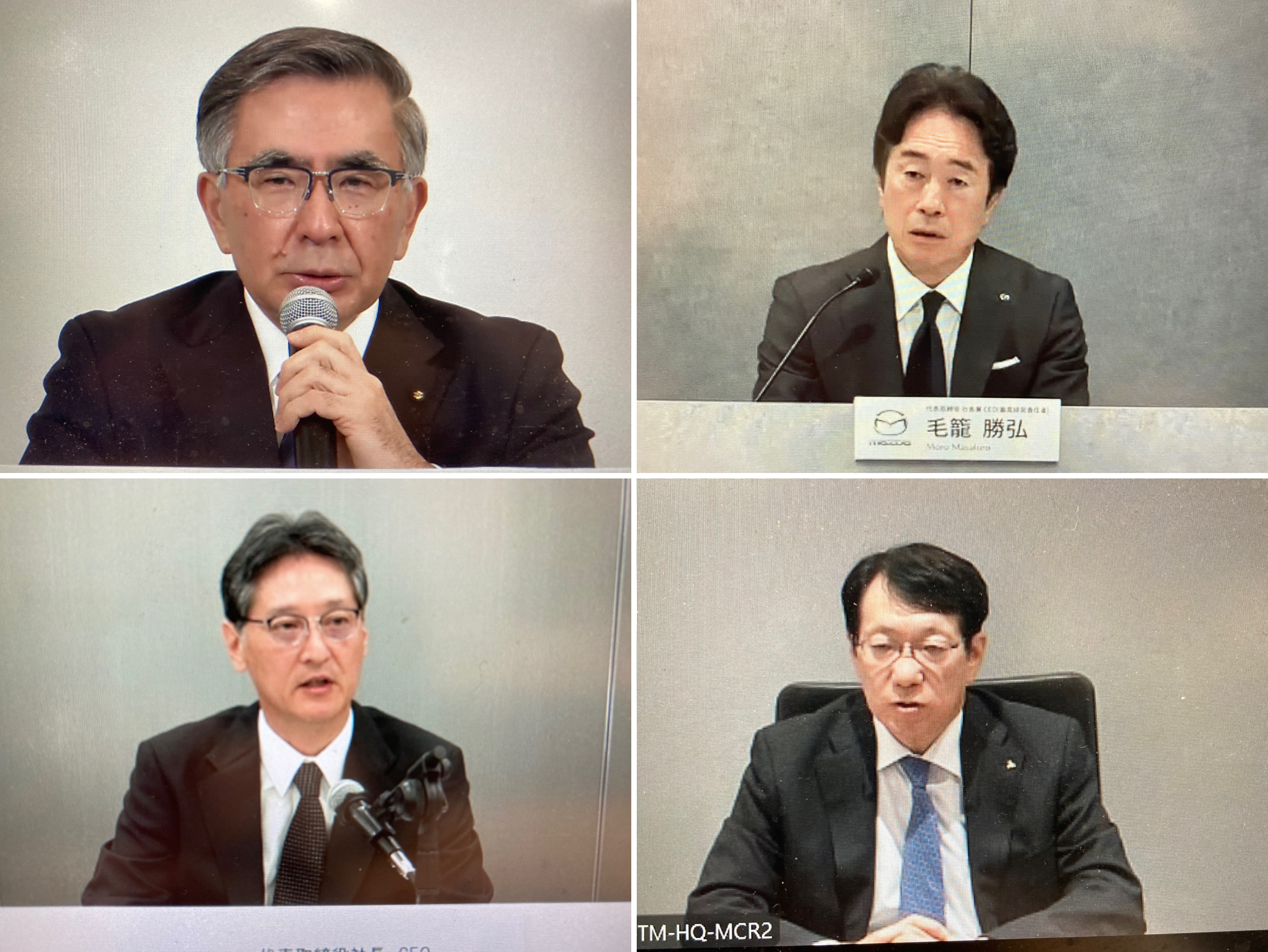 左上:スズキ・鈴木俊宏社長、右上:マツダ・毛籠勝弘社長、左下:SUBARU・大崎篤社長、右下:三菱自動車・加藤隆雄社長(いずれもオンライン画面より)